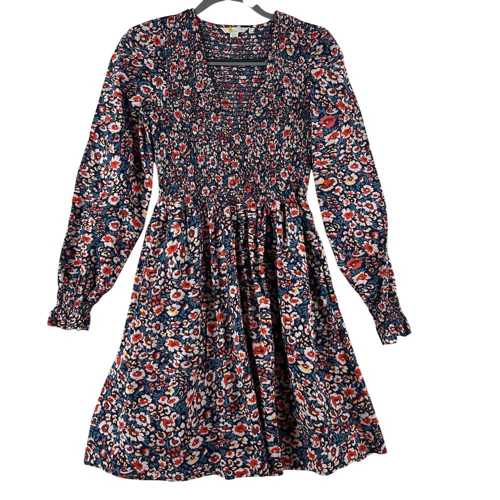 Boden Womens Floral Smocked Mini Dress Size 4 Long Navy Long Sleeve D0475